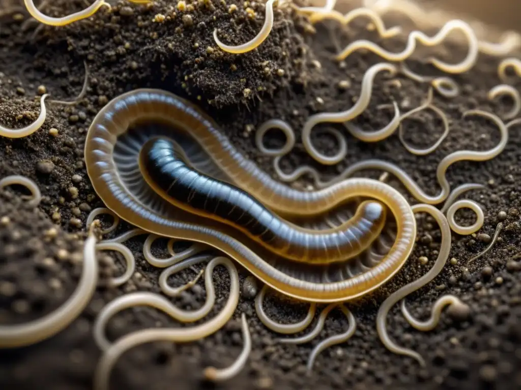 Imagen detallada de un nematodo desplazándose por la tierra, mostrando su textura y movimiento