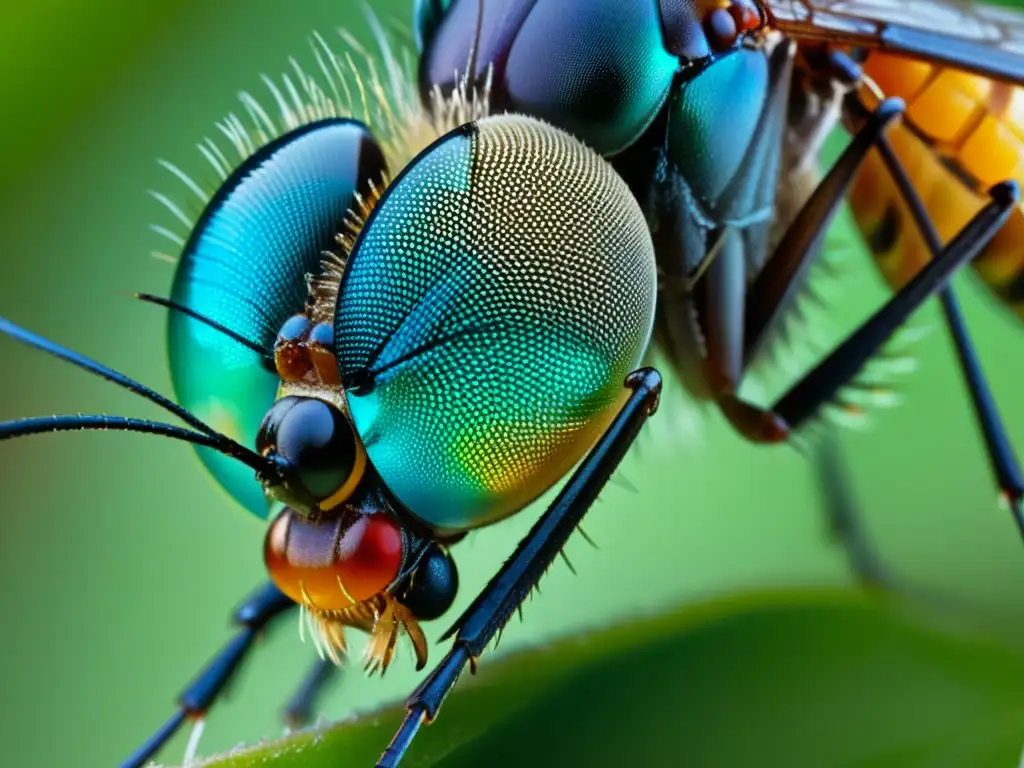 Una imagen detallada de ojo compuesto de mosquito, con patrón hexagonal y delicados vellos