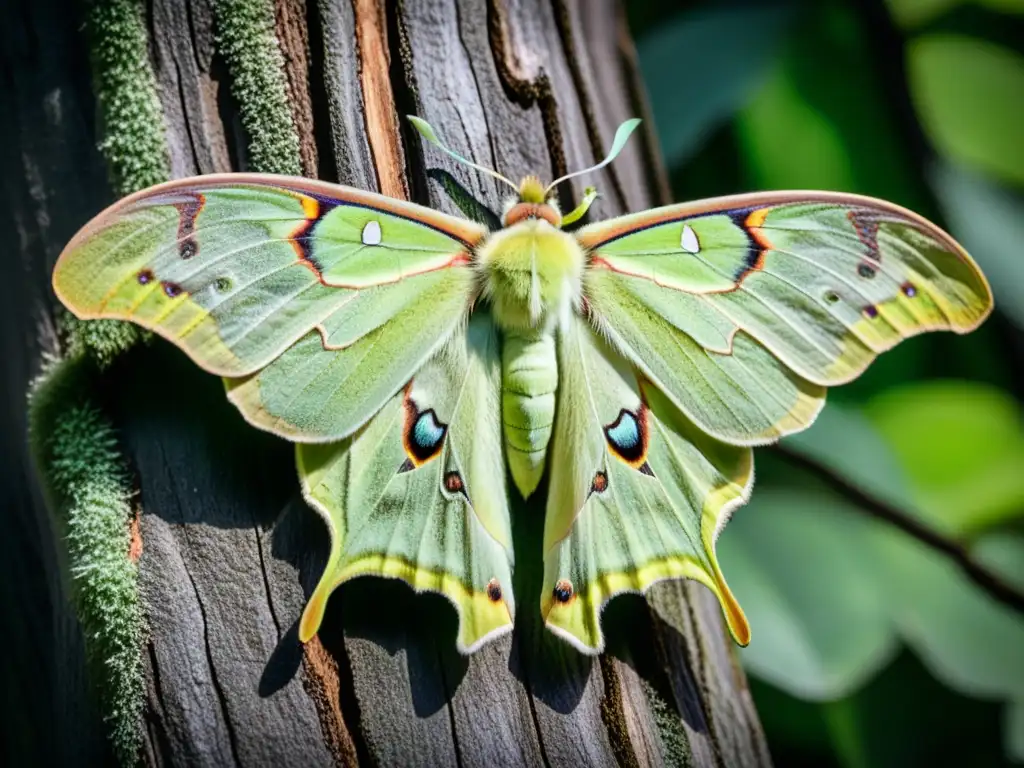 Imagen detallada de una polilla Luna posada en un árbol oscuro, iluminada por una linterna