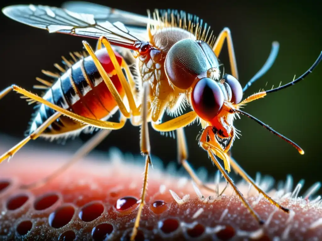 Una imagen detallada en primer plano de un mosquito hembra Anopheles, con sus alas transparentes extendidas mientras se alimenta de sangre humana