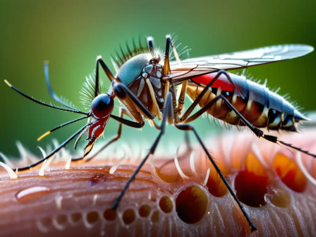 Una imagen detallada de la probóscide de un mosquito perforando la piel humana, destacando la anatomía del insecto y los vasos sanguíneos