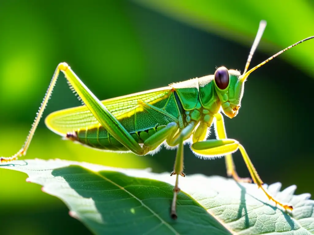 Imagen detallada de saltamontes verde sobre hoja, irradiando belleza entomológica