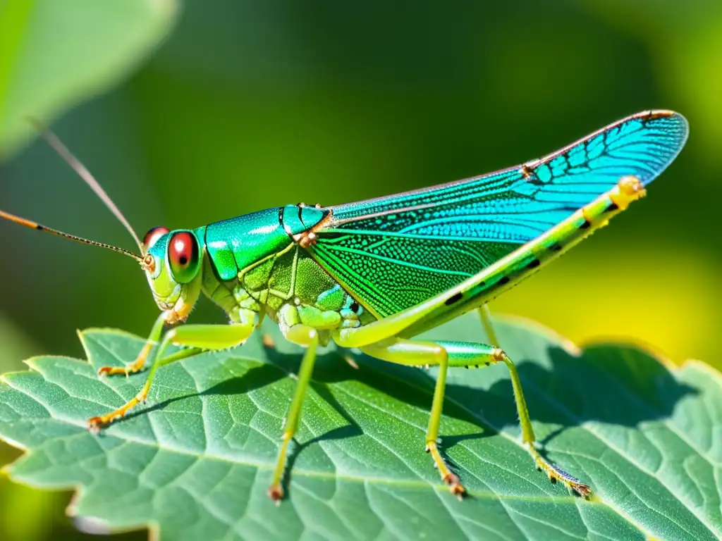 Imagen detallada de un saltamontes verde iridiscente posado en una hoja, con sus alas desplegadas