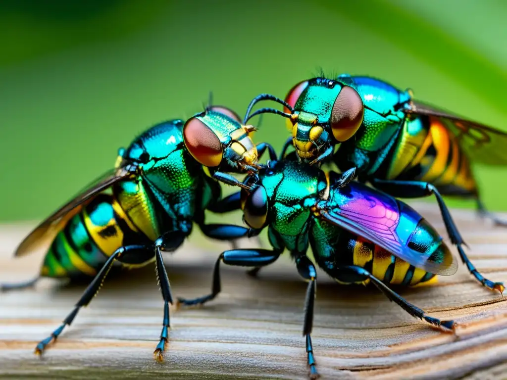 Una imagen detallada muestra la dinámica evolución sexual de insectos, con patrones vibrantes y colores intensos en sus exoesqueletos, en un entorno natural exuberante