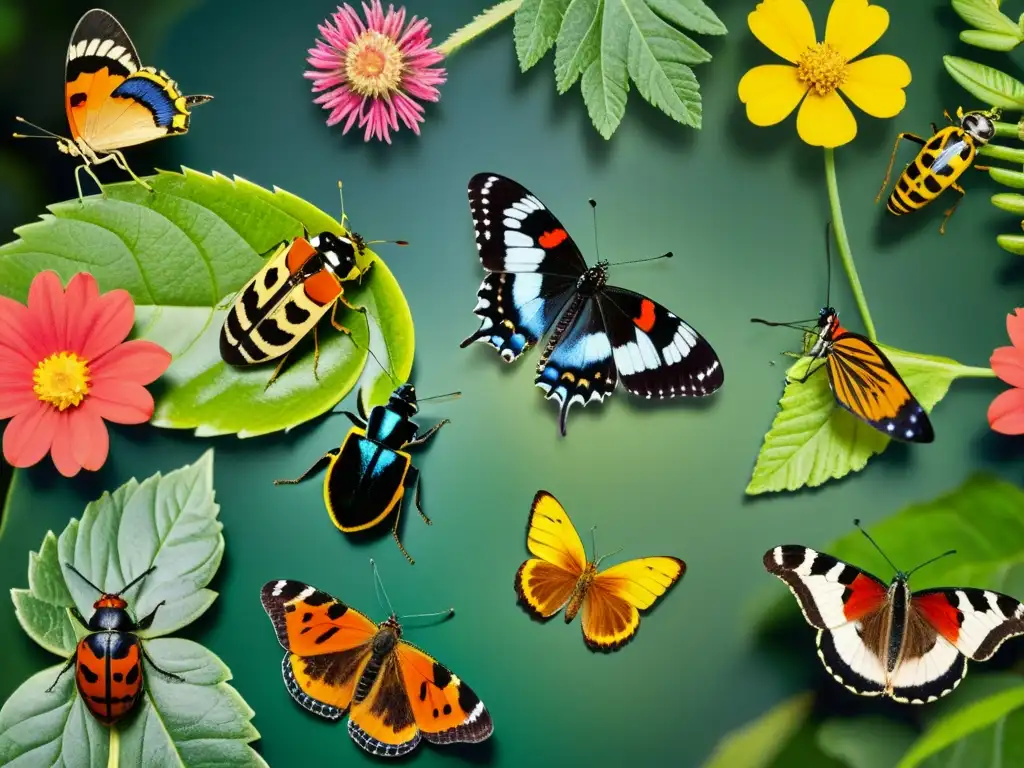 Una imagen detallada y vibrante de insectos diversos camuflados entre hojas verdes y flores coloridas