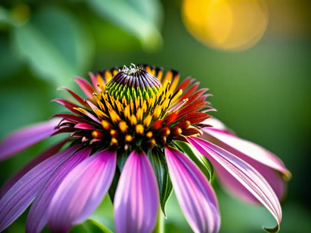 Una imagen detallada de una vibrante equinácea morada, atractiva para insectos, con un fondo verde exuberante y un suave efecto bokeh