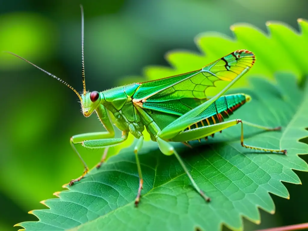 Una imagen detallada de un vibrante saltamontes verde sobre una hoja, con alas traslúcidas y detalladas, patas peludas y cuerpo segmentado