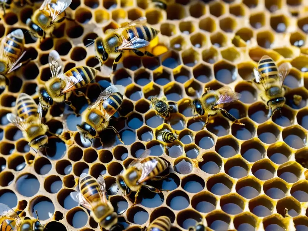 Una imagen detallada de la vida en la colmena, con abejas obreras cuidando a la reina, alimentando larvas y construyendo panal