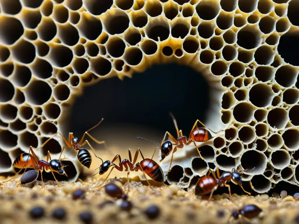 Una imagen detallada muestra la vitalidad de una colonia de hormigas, resaltando la importancia de los insectos en ecosistemas