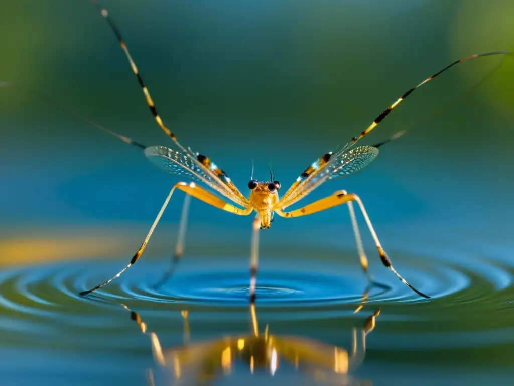 Imagen detallada de un zapatero de agua en un lago tranquilo, destacando la importancia de los insectos en ríos