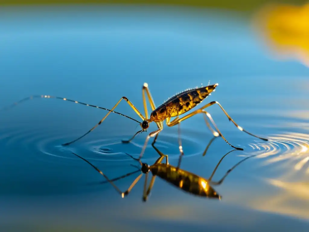 Una imagen detallada de un zapatero de agua en un estanque tranquilo, resaltando la importancia de los insectos acuáticos en el ecosistema