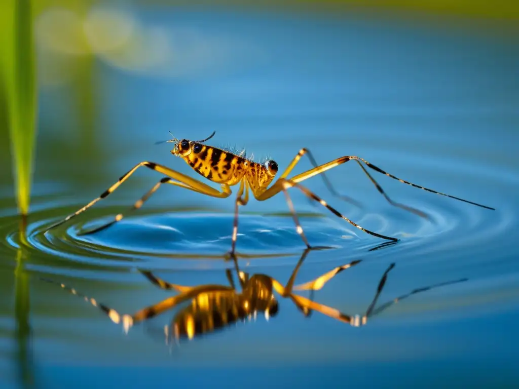 Imagen detallada de un zapatero de agua en la tensión superficial de un estanque, con patrones de luz y reflejos