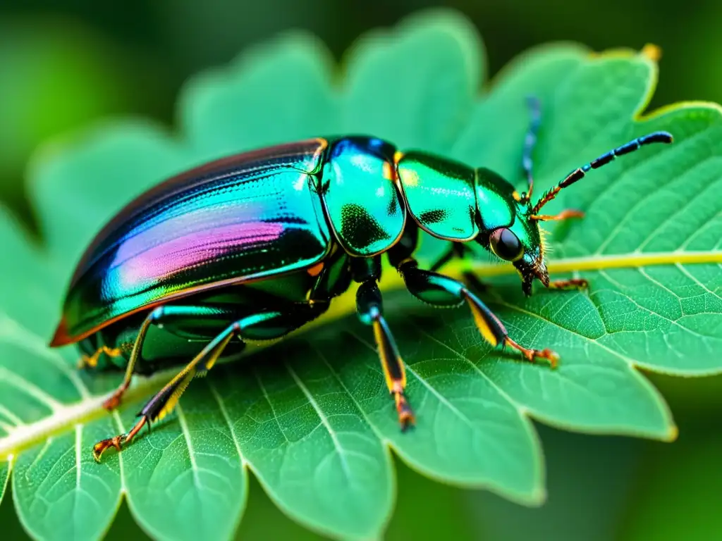 Una imagen 8k de un escarabajo iridiscente en una hoja, destacando la belleza de la entomología