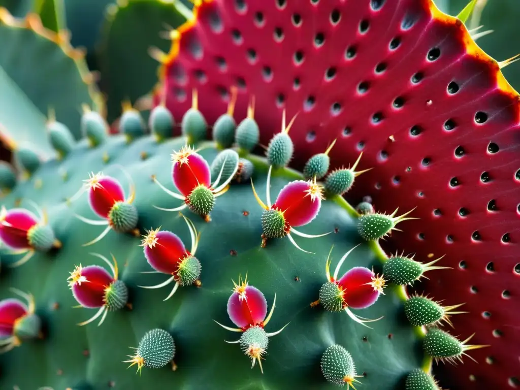 Una imagen impactante de cochinillas rojas en nopal, resaltando el uso de carmín en colorantes naturales para dieta