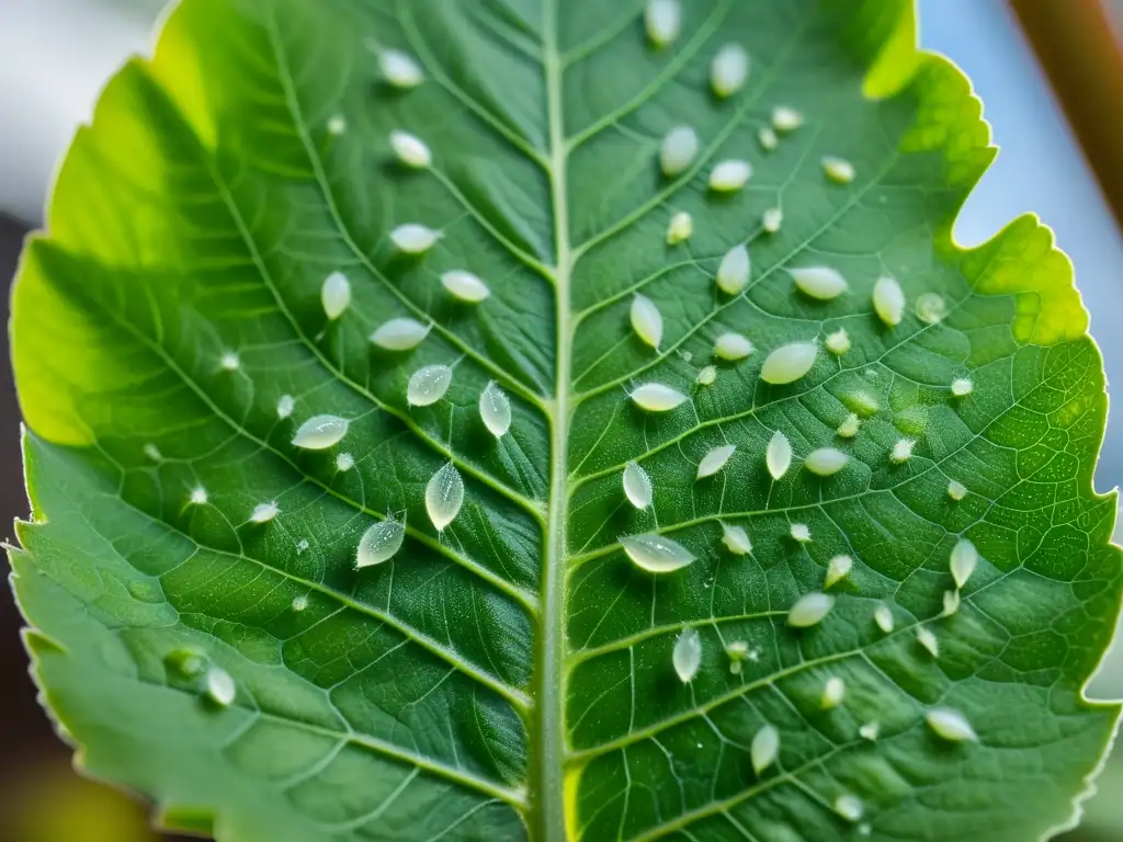 Imagen impactante de una hoja de planta de invernadero infestada con mosca blanca