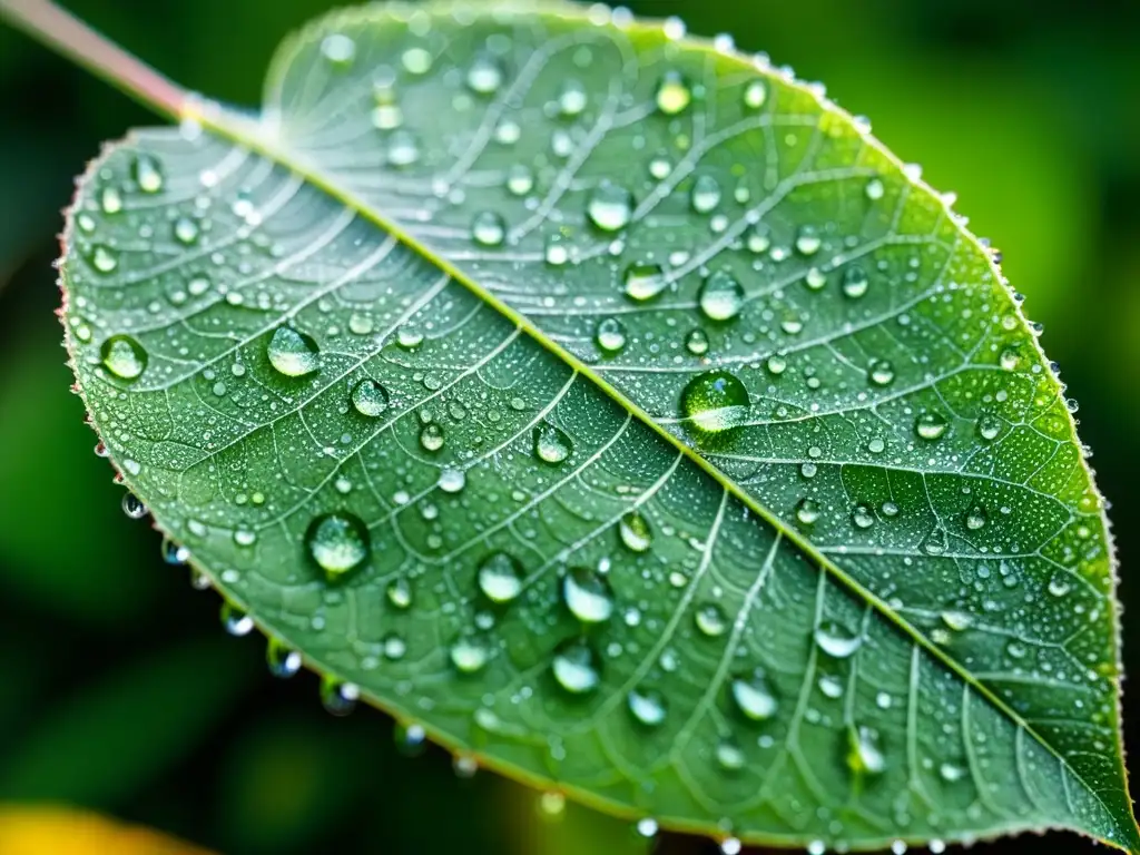 Imagen impactante de hoja verde con rocío, patrón hipnótico, gotas brillantes, telarañas y pacto protección insectos plantas