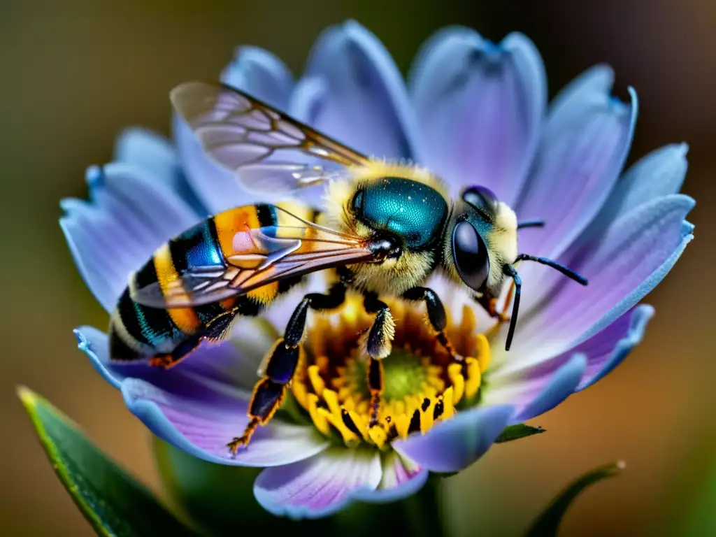 Imagen impactante de la comunicación en insectos solitarios, con detalle asombroso de una abeja solitaria realizando un baile en una flor