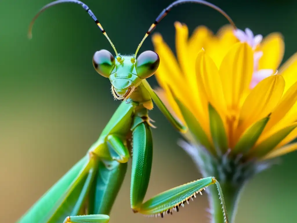 Imagen impactante de una mantis religiosa verde sobre una flor, perfecta para coleccionistas de fotografía de insectos