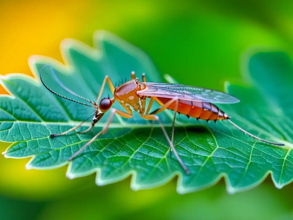 Una imagen impactante de un mosquito Anopheles, portador del parásito de la malaria, posado en una hoja verde vibrante