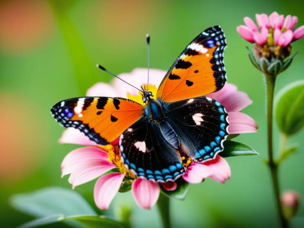 Imagen impactante de mariposa naranja y negra en flor rosa, con hormigas