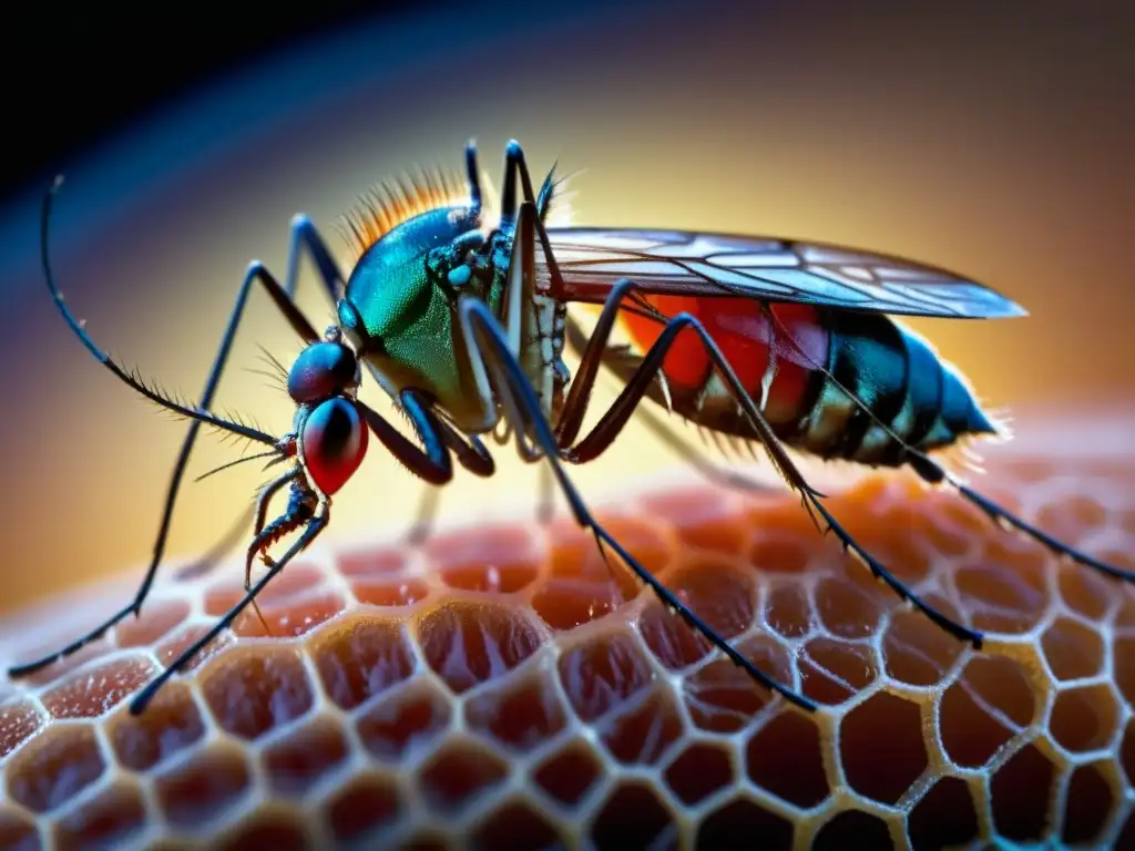 Imagen impactante de la probóscide de un mosquito perforando la piel humana, mostrando la red de vasos sanguíneos