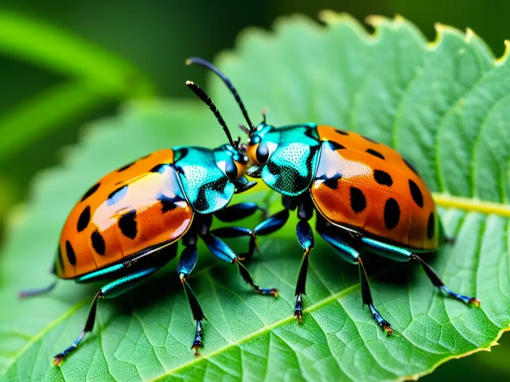 Imagen impactante de rituales de apareamiento de insectos en una hoja verde, con detalles intrincados y colores vibrantes