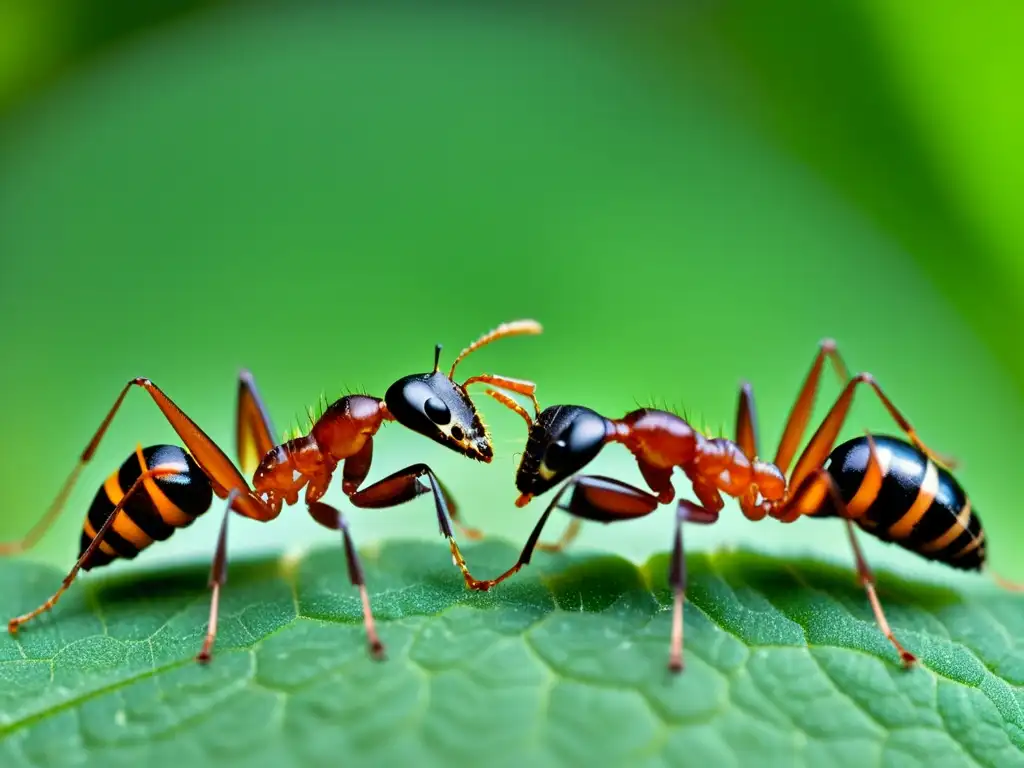 Imagen impactante de comunicación táctil entre insectos, con detalles asombrosos de sus cuerpos y movimientos delicados de sus antenas