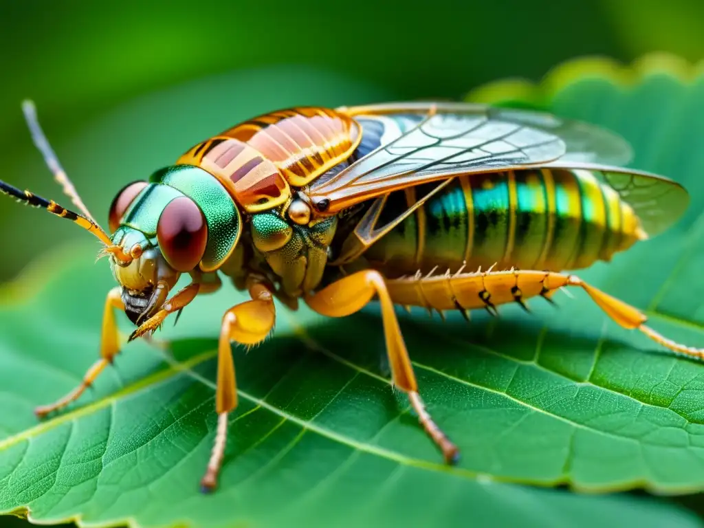 La imagen muestra la importancia del exoesqueleto en insectos, con detalles fascinantes del caparazón de una cigarra en una hoja iluminada suavemente