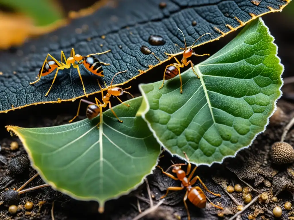 La imagen muestra la importancia de los insectos en descomposición, con hormigas y hongos colaborando para descomponer una hoja en el suelo del bosque