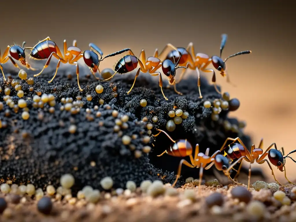 Una imagen impresionante de una colonia de hormigas, mostrando la jerarquía social y la comunicación entre insectos