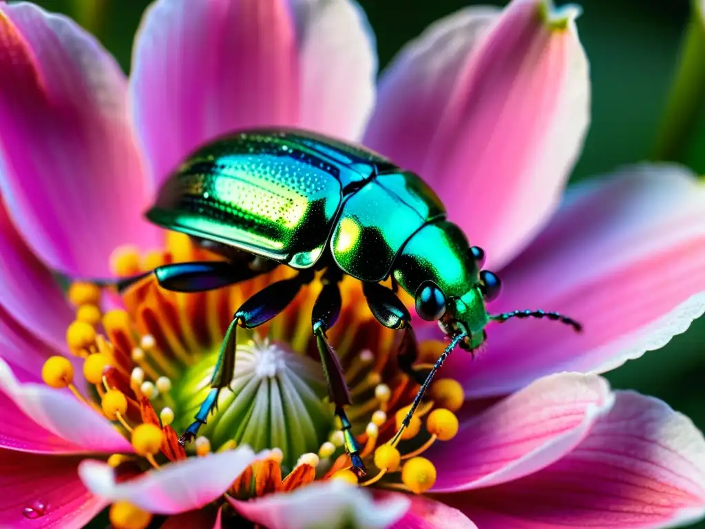 Una imagen impresionante donde un escarabajo metálico verde descansa sobre una flor rosa vibrante