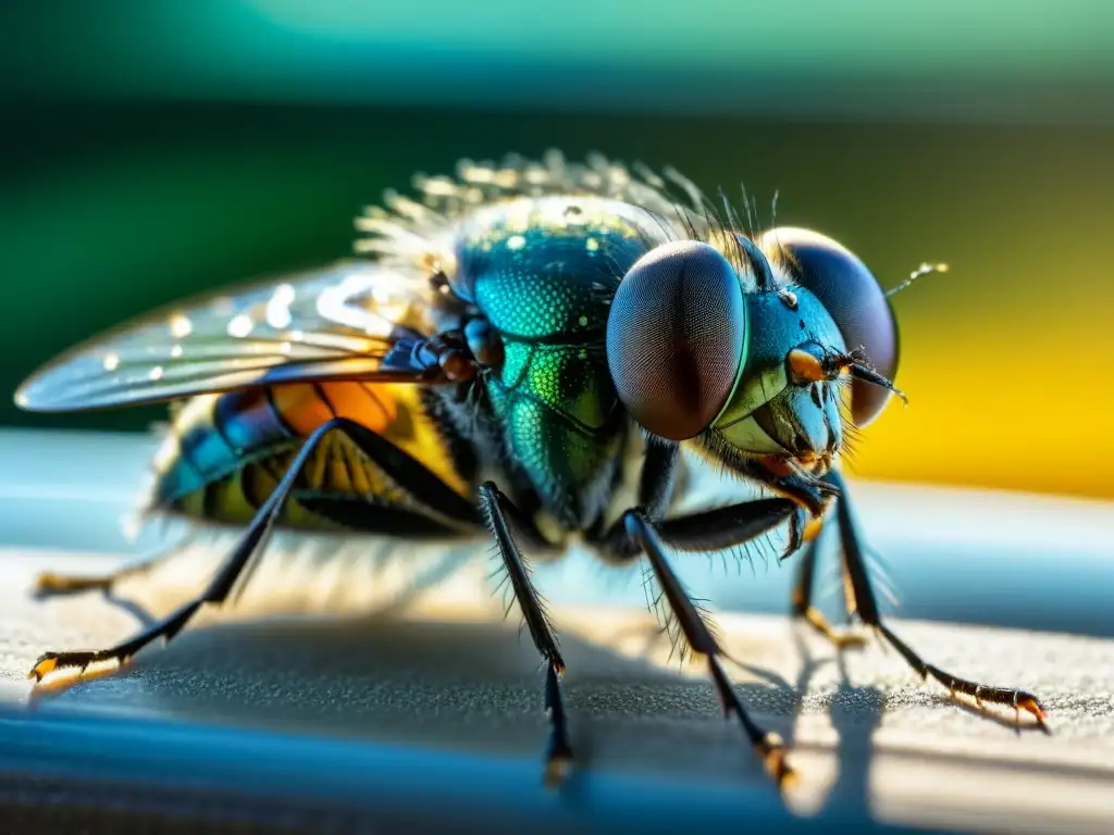 Una imagen impresionante de una mosca descansando en un cristal, capturando la luz del sol en sus alas iridiscentes y ojos multifacéticos