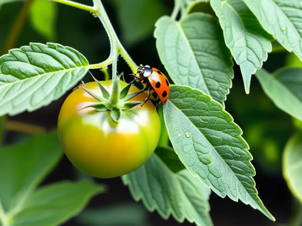 Imagen impresionante de la sinergia entre plantas e insectos en un jardín, con detalles vibrantes y una luz cálida