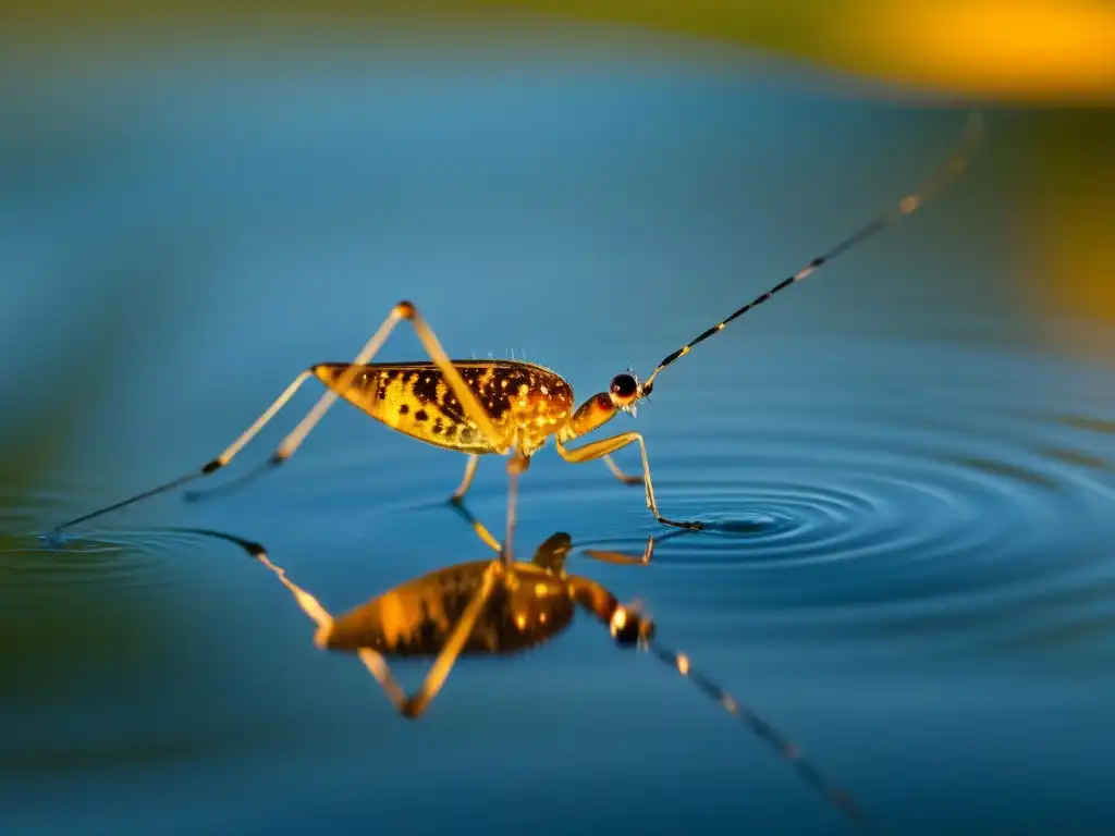 Imagen de un insecto acuático en un lago tranquilo al atardecer, reflejando la belleza de los ecosistemas de agua dulce