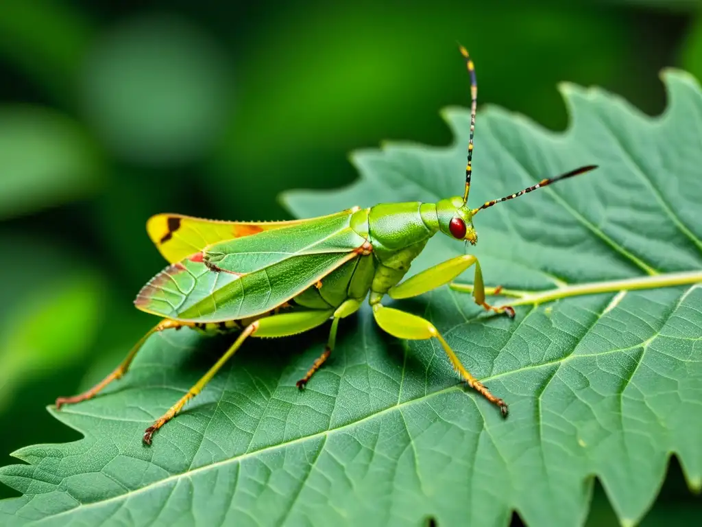 La imagen muestra un insecto hoja camuflado entre exuberante follaje verde