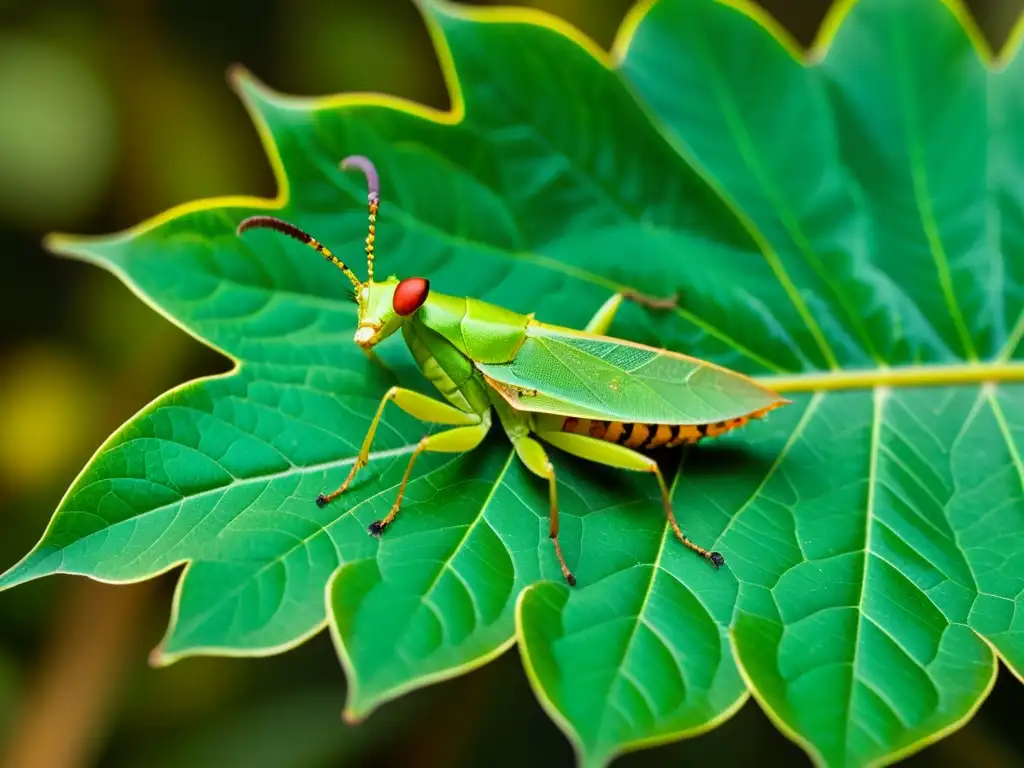 Imagen de un insecto hoja camuflado entre hojas, destacando sus adaptaciones de escape en insectos