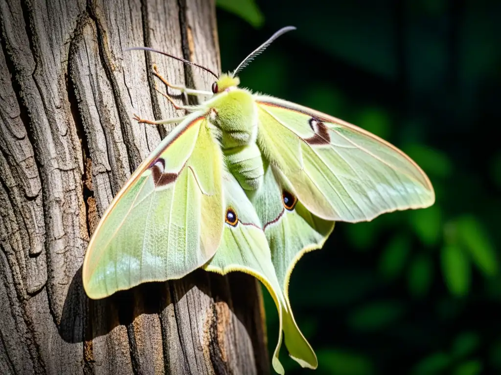 Imagen de un insecto nocturno, la polilla Luna, descansando en un tronco de árbol, destacando sus patrones de alas ecológicas y adaptaciones para la vida nocturna