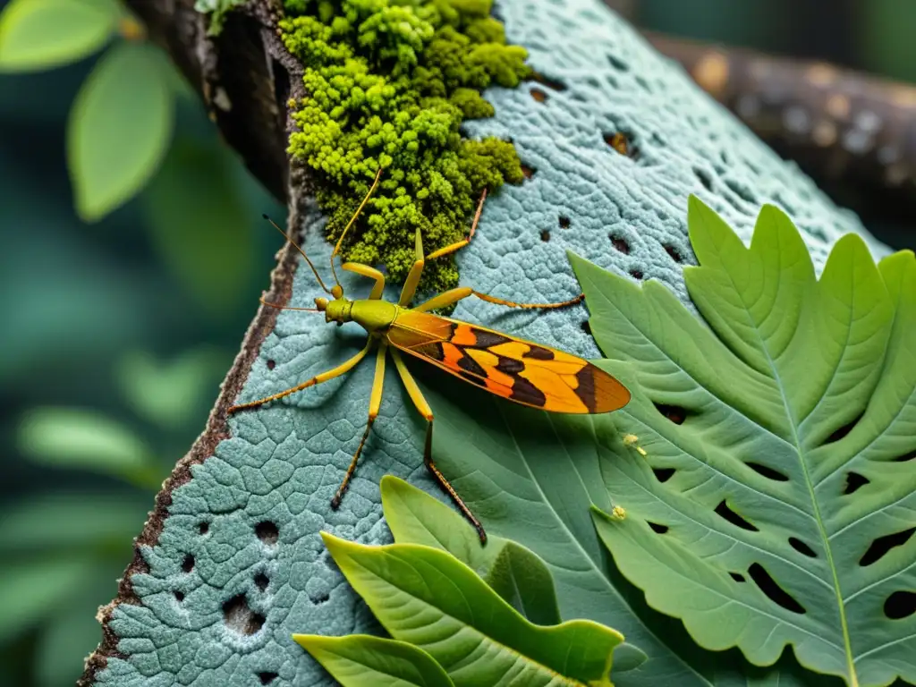 Imagen 8k de insectos camuflados en un bosque, demostrando el arte visual del camuflaje en la naturaleza