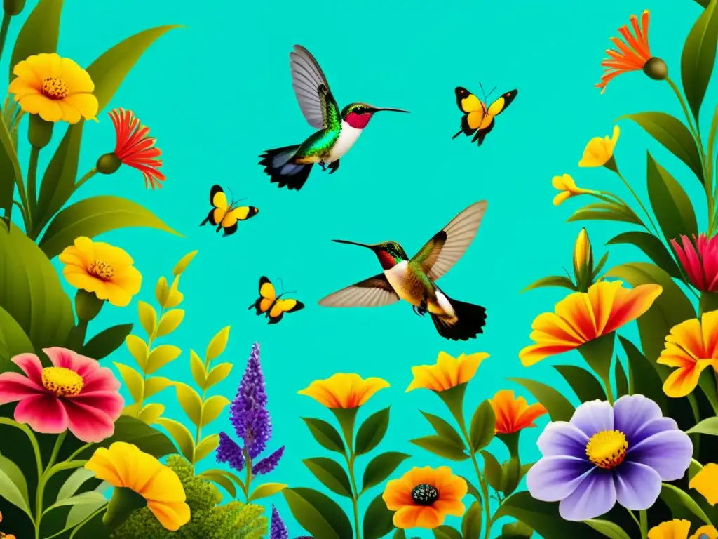 Imagen de un jardín soleado lleno de flores coloridas, atractivas para polinizadores como abejas, mariposas y colibríes