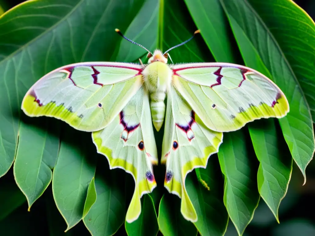 Imagen de mariposa Luna mostrando su belleza iridiscente en hoja verde