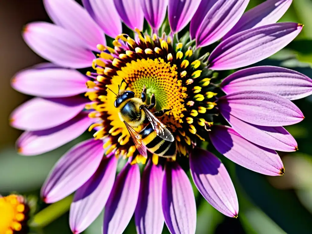 Imagen macro de una abeja cubierta de polen amarillo, posada en un coneflower púrpura