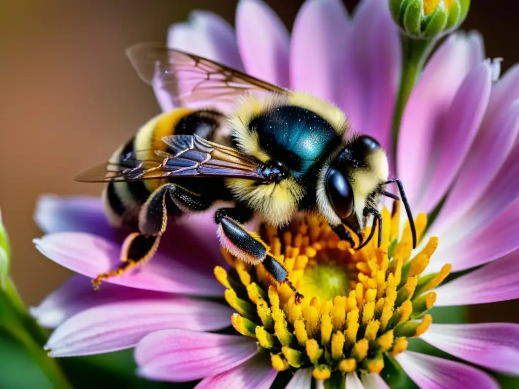 Una imagen macro cautivadora de un abejorro cubierto de polen amarillo, resaltando la importancia de la polinización de los cultivos por los insectos