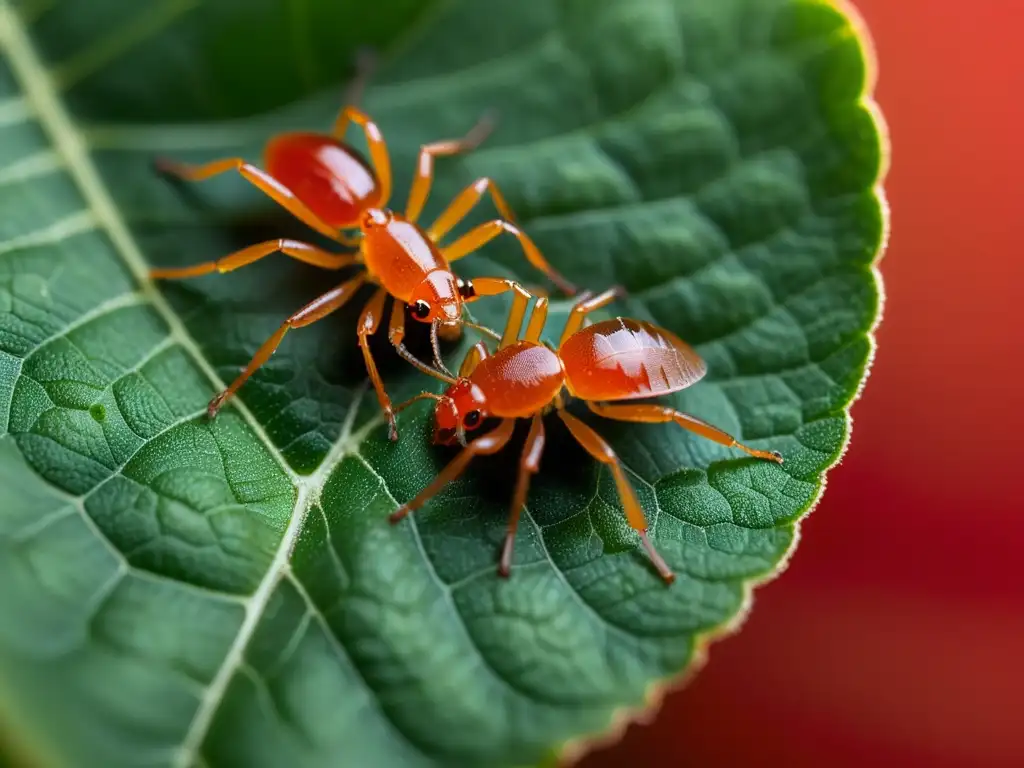 Imagen macro detallada de ácaros depredadores devorando ácaros rojos en una hoja