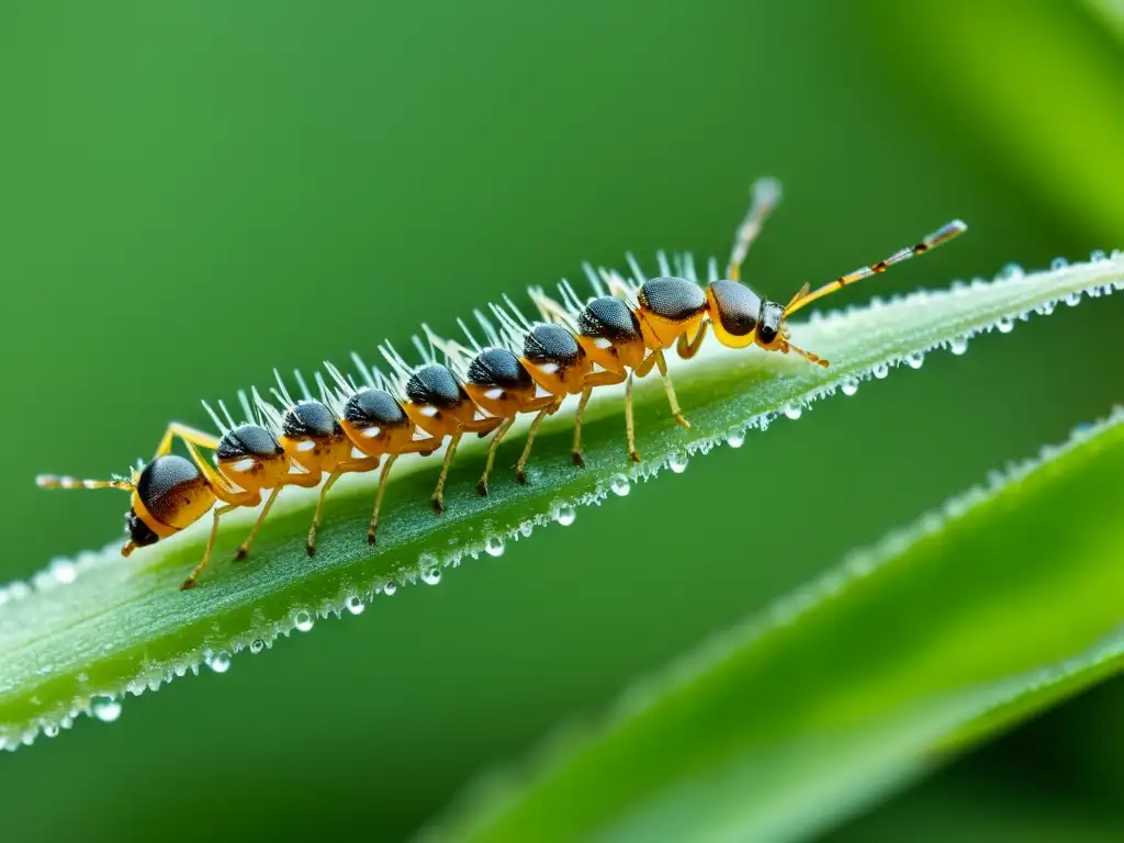 Una imagen macro detallada muestra insectos simbiontes: hormigas cuidando de pulgones en el tallo de una planta