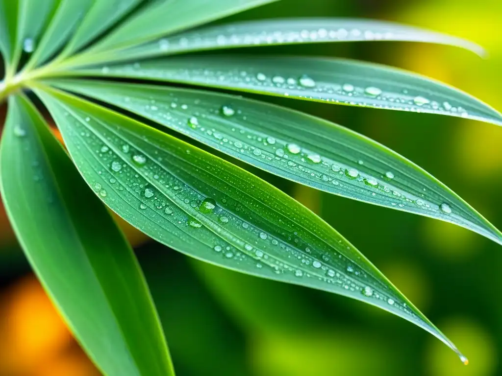 Imagen macro de una exuberante planta de citronela con gotas de rocío en sus hojas, reflejando la luz matutina