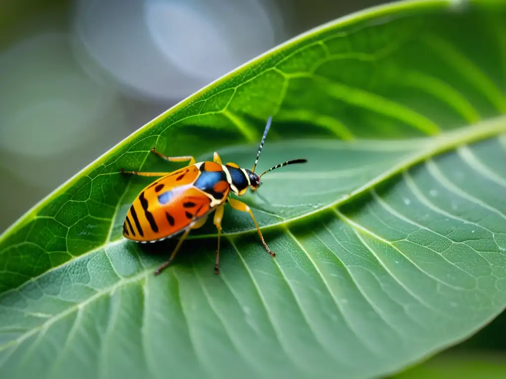 Imagen macro de una hembra insecto depositando huevos en una hoja verde