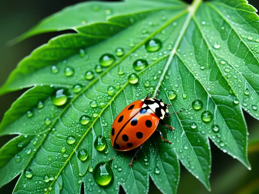 Imagen macro de una hoja verde con rocío y una mariquita