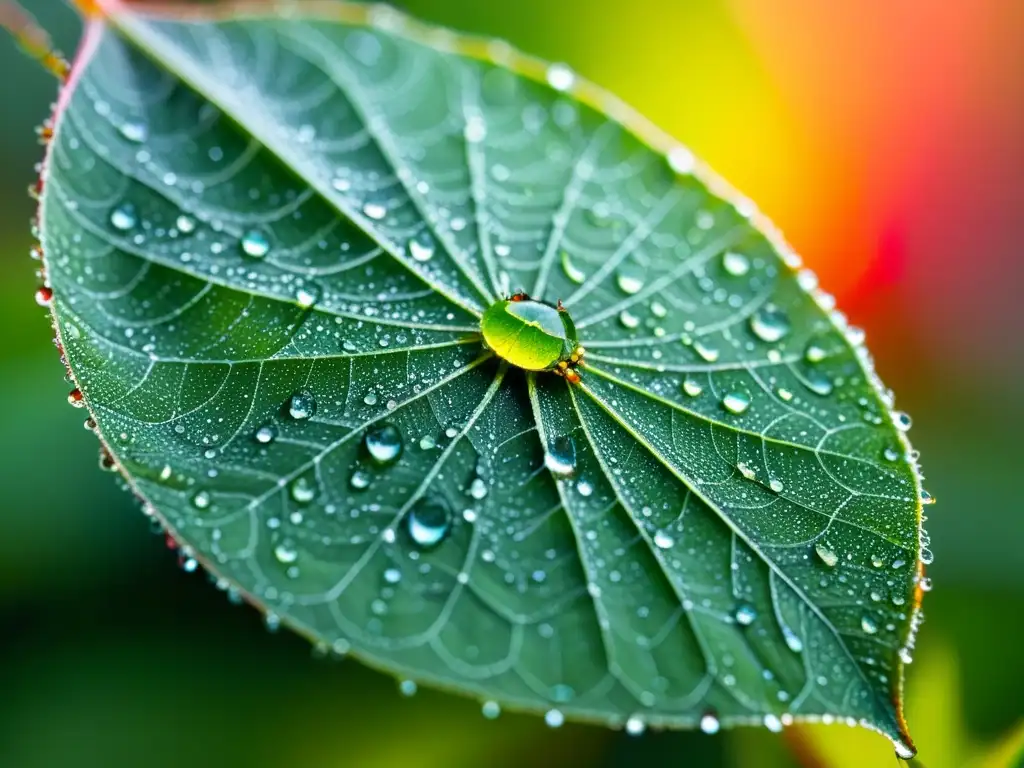 Imagen macro de hoja verde con gotas de rocío y tela de araña, consejos fotografiar vida insectos