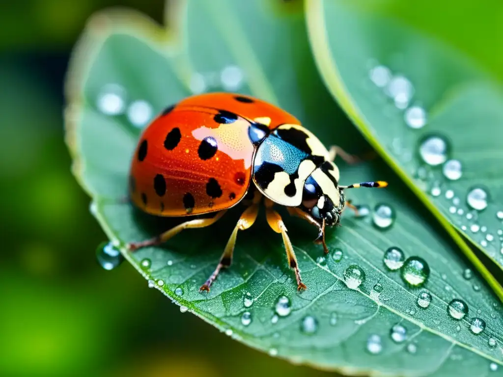 Una imagen macro impresionante de un pequeño insecto cubierto de gotas de agua, demostrando la adaptación de insectos al estrés térmico