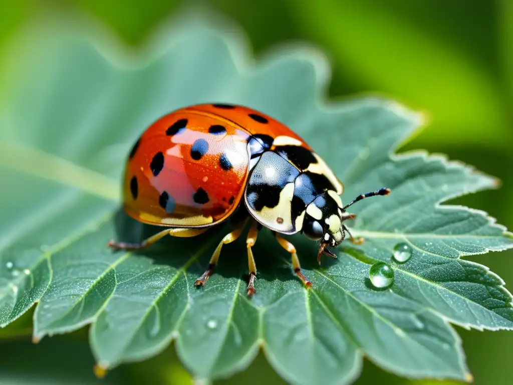 Imagen macro de una mariquita en una hoja verde, detallando sus alas translúcidas y patas negras